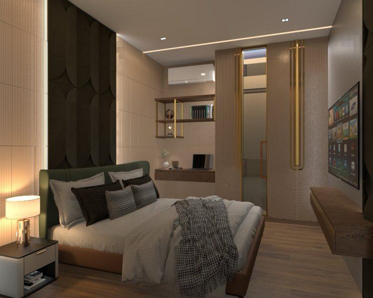 3D bedroom design render with upholstered bed fluted wall panels study nook and TV console