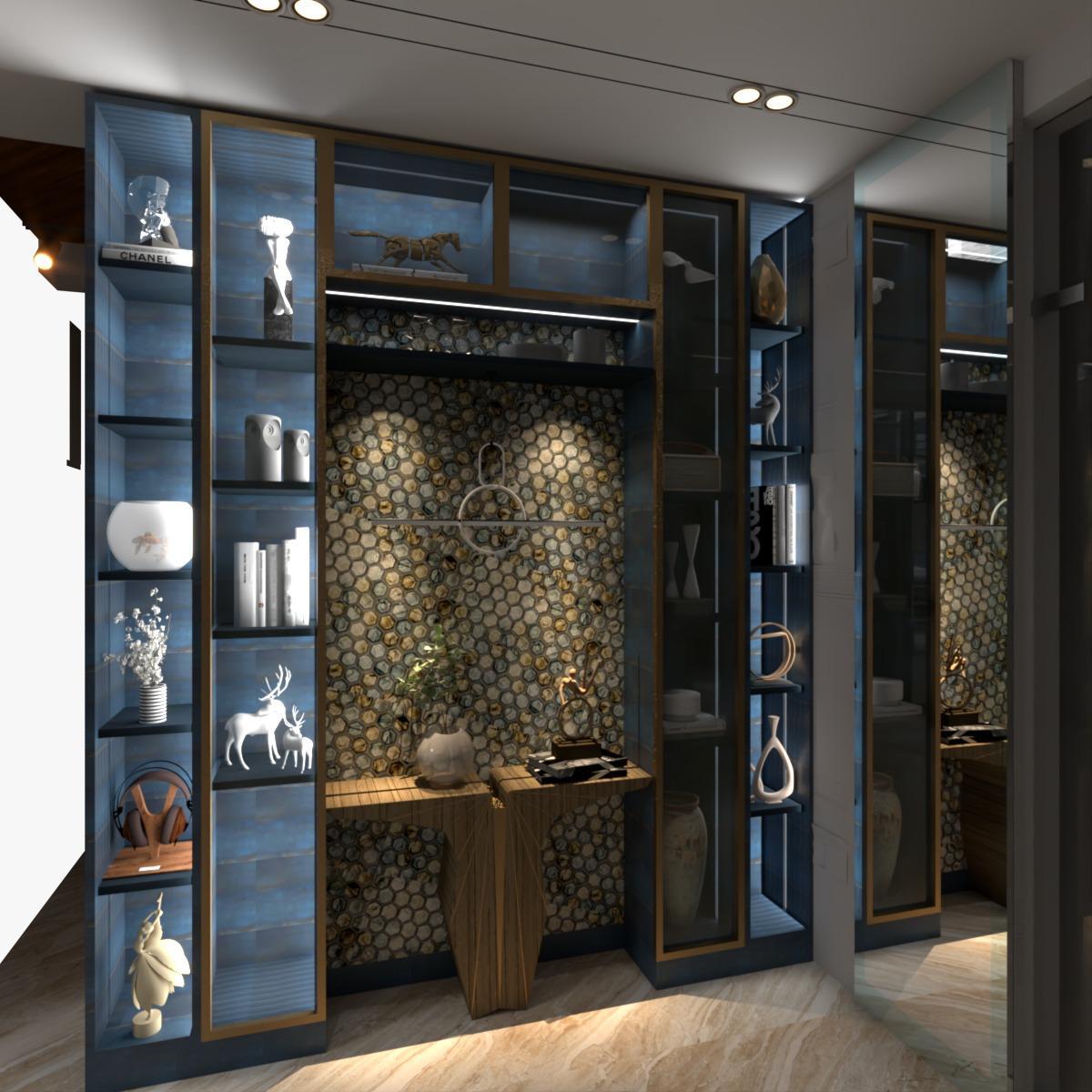 3D design render with blue display shelving gold frames decorative objects and mirrored wardrobe panel