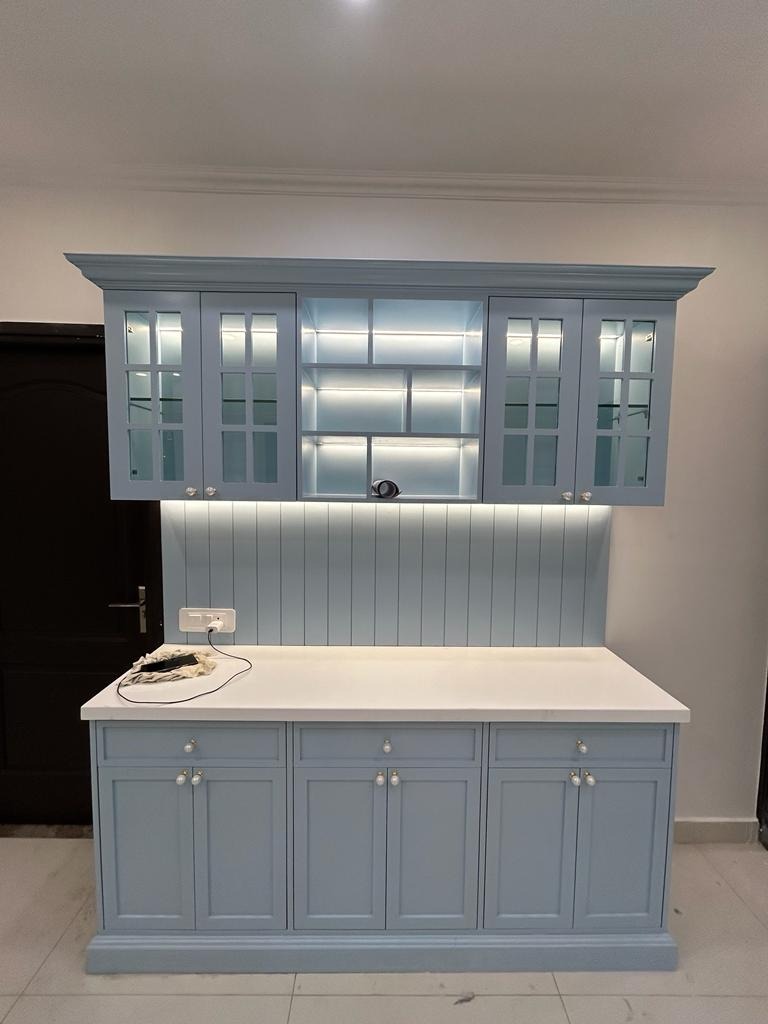 Premium blue shaker style dining crockery unit cabinet with internal shelf LED lighting