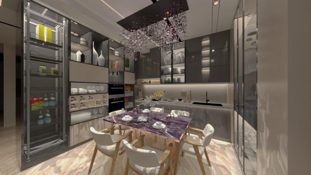 Luxury obsidian dark modular kitchen featuring custom glass display shelves and a rich purple marble dining table