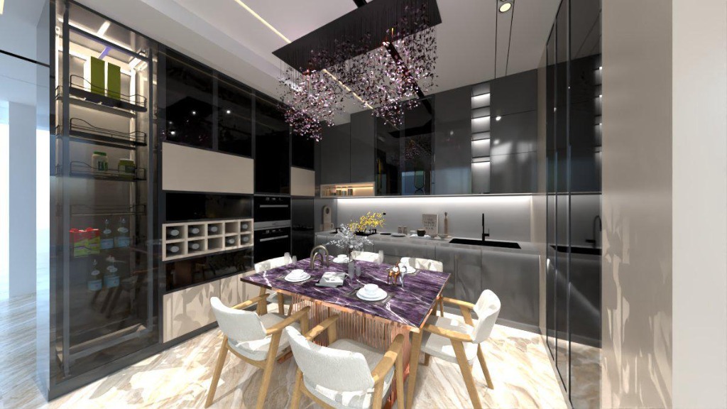 Modern open plan grey modular kitchen with glass displays, modern lighting and marble dining area