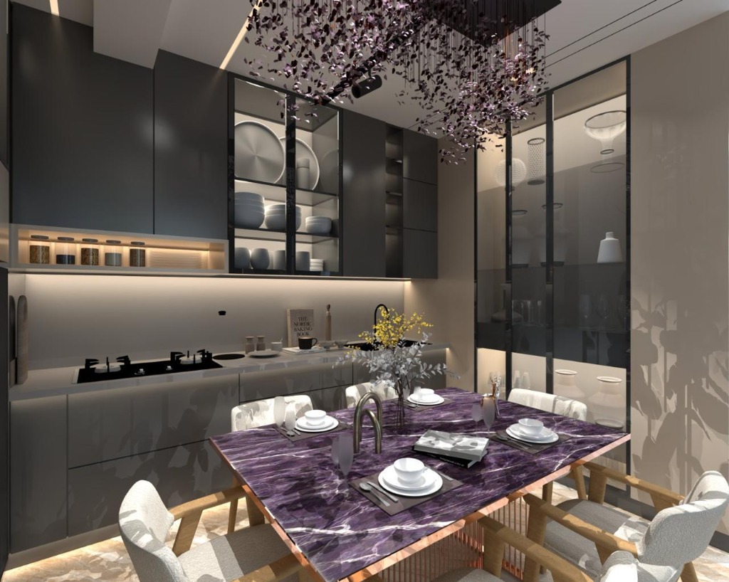 Close-up shot of purple marble top dining table in a dark luxury modular kitchen design