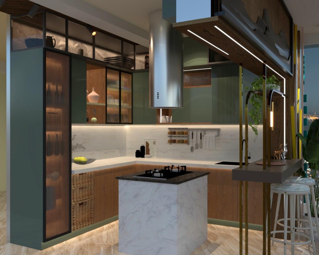 Premium green and wood modular kitchen with marble island, fluted oak glass cabinet and range hood
