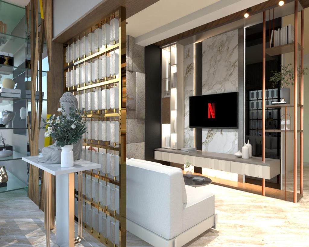 Premium living room with white marble TV wall, warm accent lighting, modern divider partition and sofa