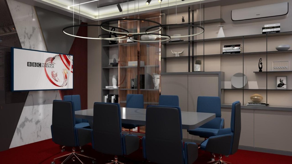 Luxury office boardroom interior showing designer ring light fixture, blue leather seats and media setup